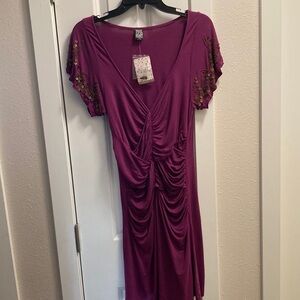 Free People Beaded Ruched Dress Mini Purple Boho  V Neck Stretch Y2K Size M